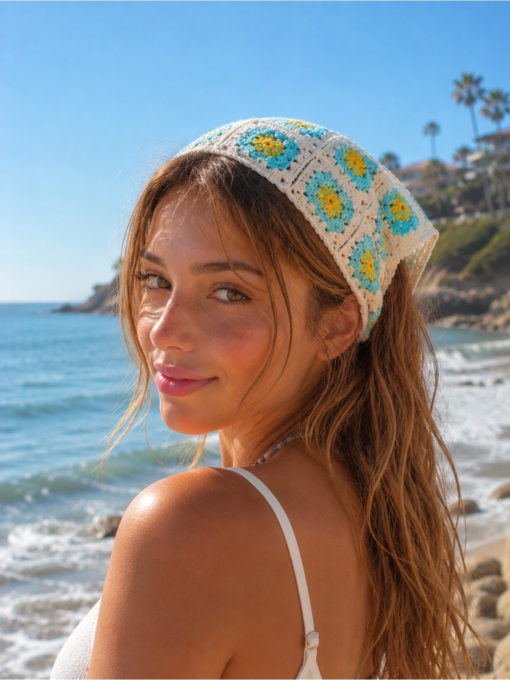 Crochet Square Headscarf - White with Turquoise & Yellow